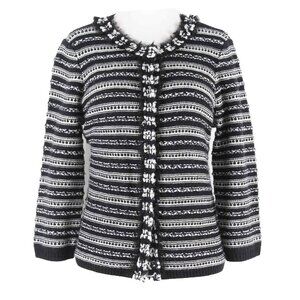 Bellefleur Sz S Black White Chiffon Trim Snap Up Acrylic Knit Cardigan